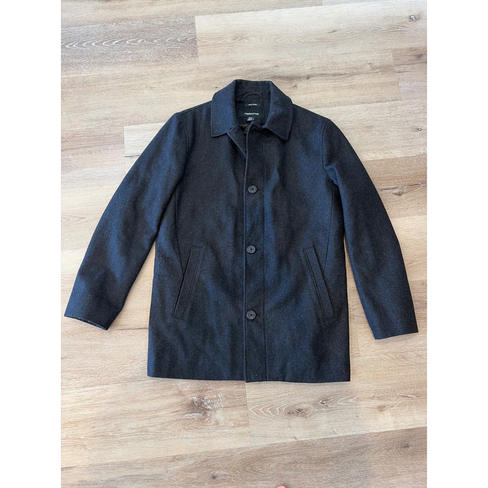 Claiborne Mens Charcoal Grey Wool Blend Quilted Lined Car Coat Jacket Small